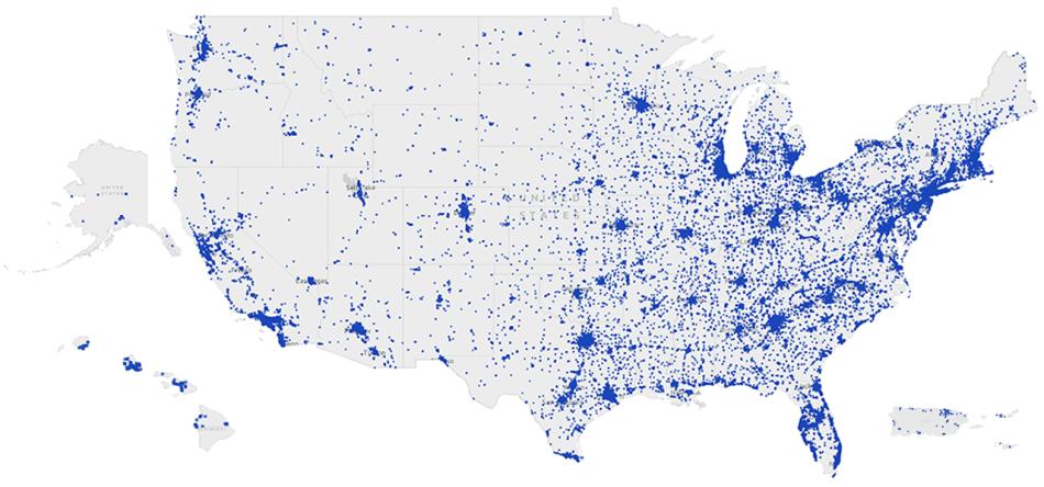 A heat map of the United states showing a large concentration of properties in coastal cities 