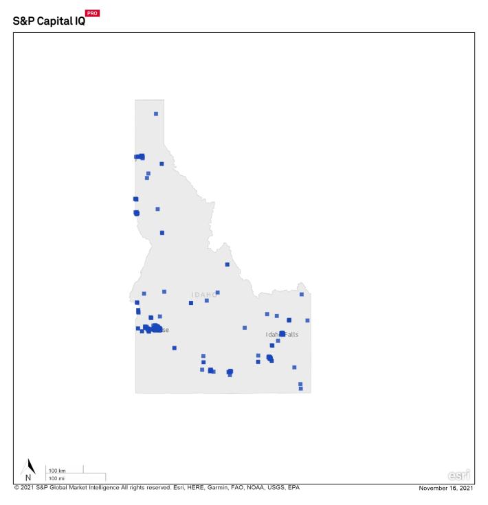 State map of idaho showing large concentration of REITs in south end of state