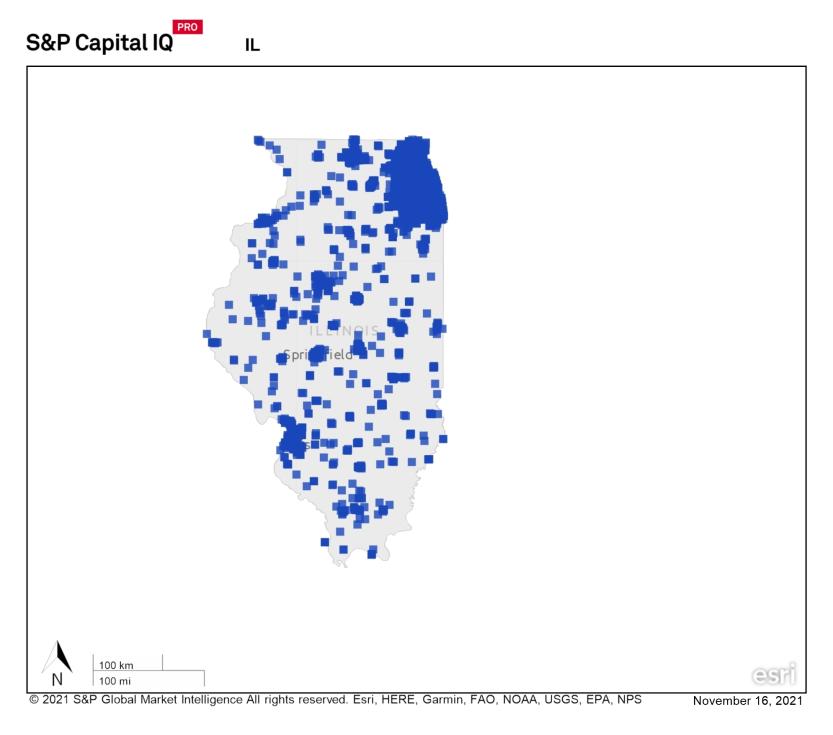 state map of Illinois showing large concentration of REITs in north eastern part of state