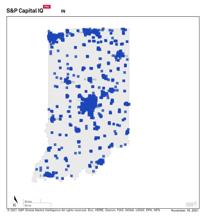 state map of indiana showing concentration of REITs in central part of the state
