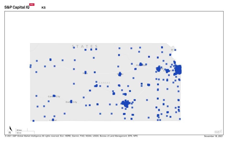 A heat map of Kansas showing a large concentration of REIT properties in eastern part of state