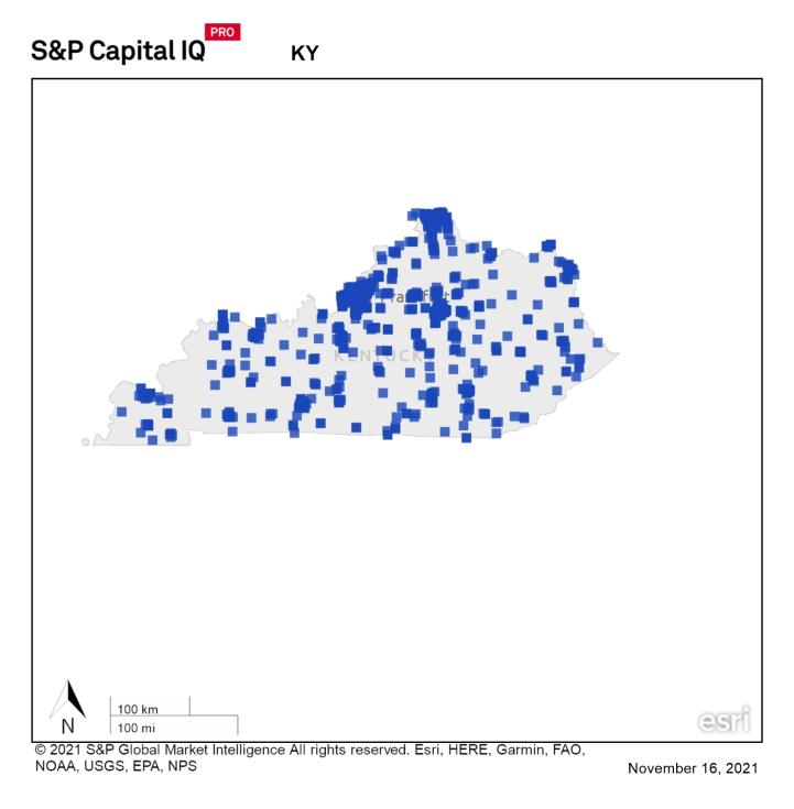 A heat map of Kentucky showing a large concentration of REIT properties in central part of state