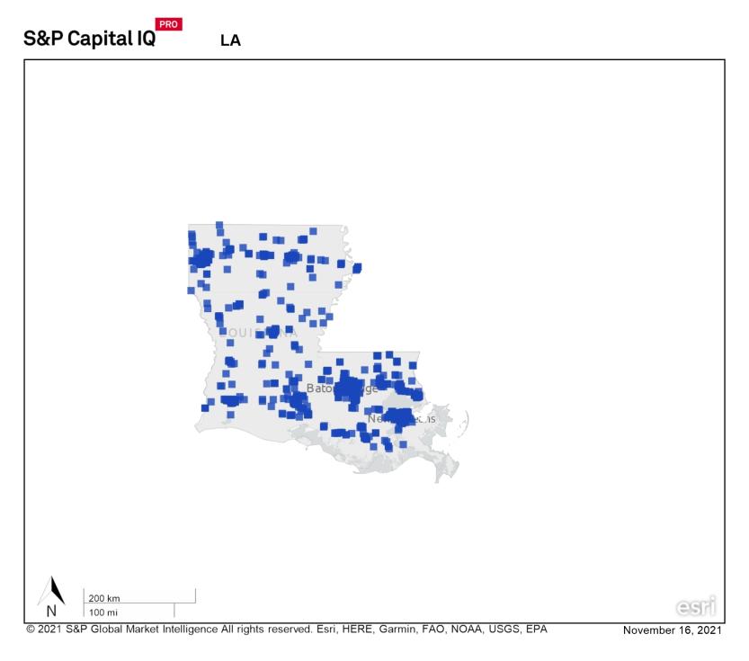 A heat map of Louisiana showing a large concentration of REIT properties in central part of state
