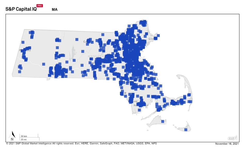state map of Massachusetts with concentration of REITs in north eastern part of state