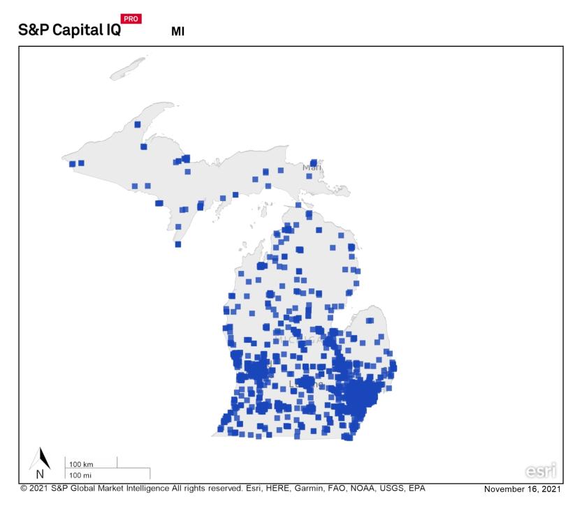 A heat map of Michigan showing a large concentration of REIT properties in central part of state
