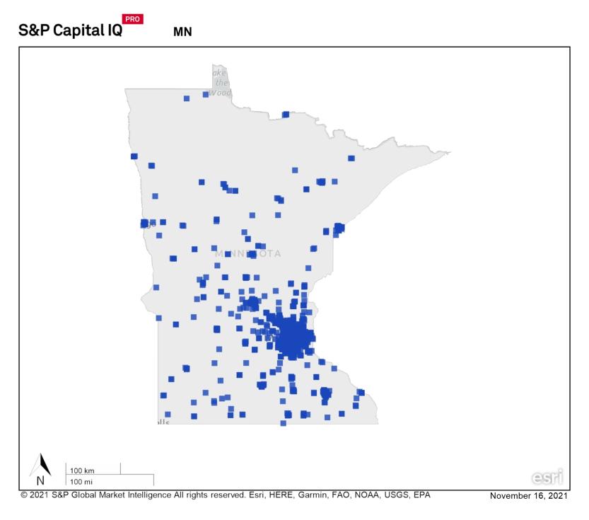 A heat map of the Minnesota states showing a large concentration of properties in eastern cities 