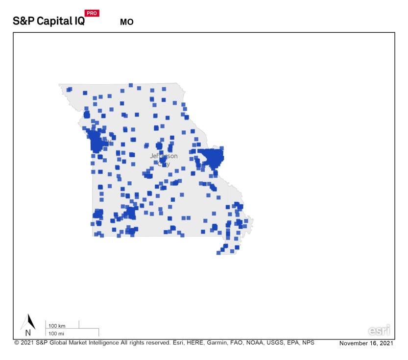 State map of Missori showing concentration of REITs in eastern part of the state