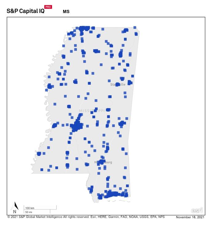 State map of Mississippi showing concentration of REITs in central cities 