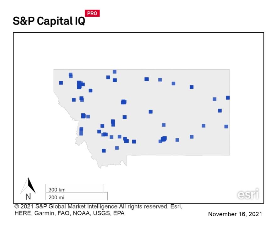A heat map of montana showing a large distribution of REIT properties throughout the state
