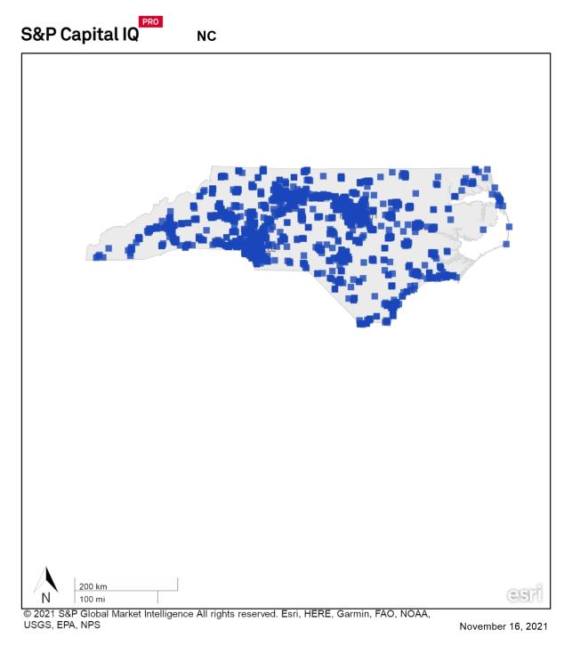 state map of north carolina showing concentration of REITs in norther cities