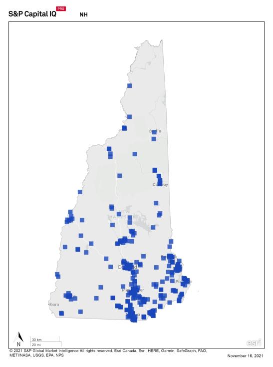 state map of new hampshire showing concentration of REITs in southern part of state
