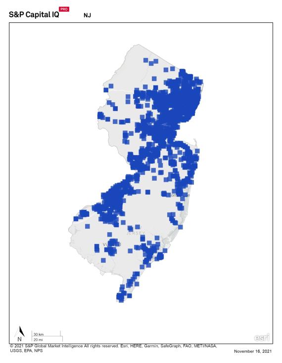 State map of new jersey showing concentration of REITs in central and northern cities