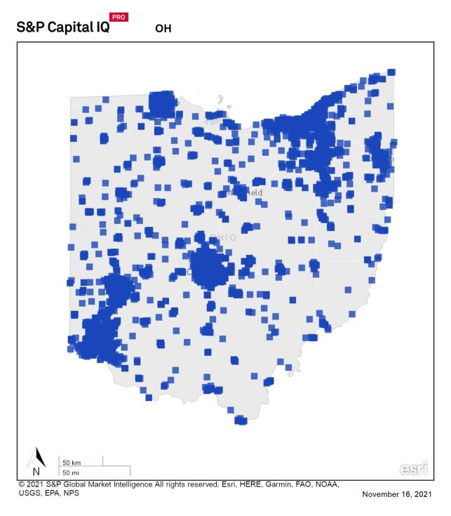 A heat map of Ohio showing a large concentration of REIT properties in south western, central, and northern part of state