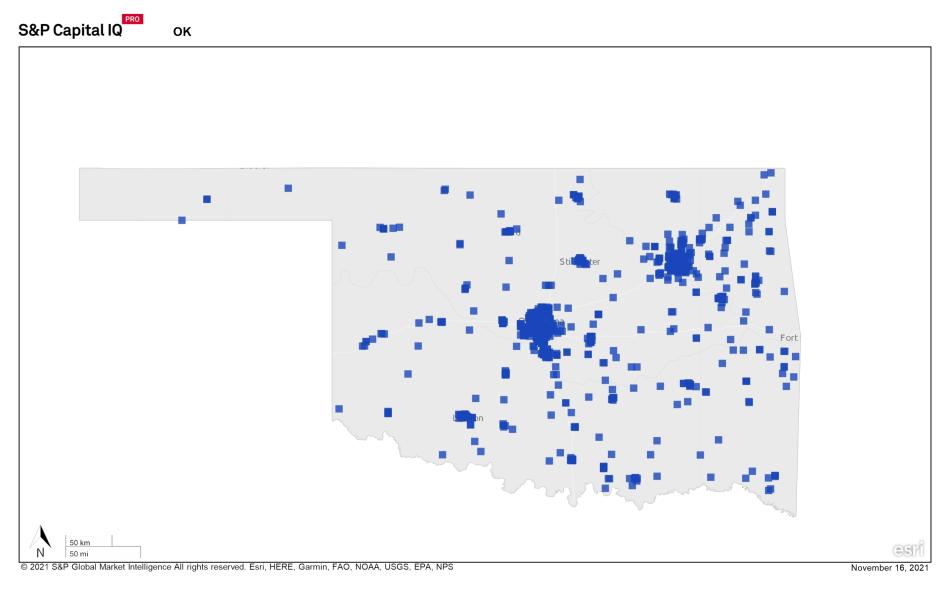 A heat map of the state of Oklahoma showing a large concentration of REITs in central and northern cities 