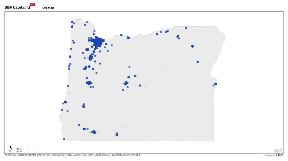 A heat map of Oregon showing a large concentration of REIT properties in western part of state