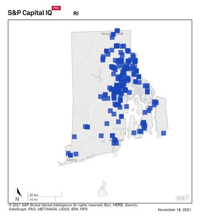 A heat map of rhode island showing a large concentration of REIT properties in eastern part of state