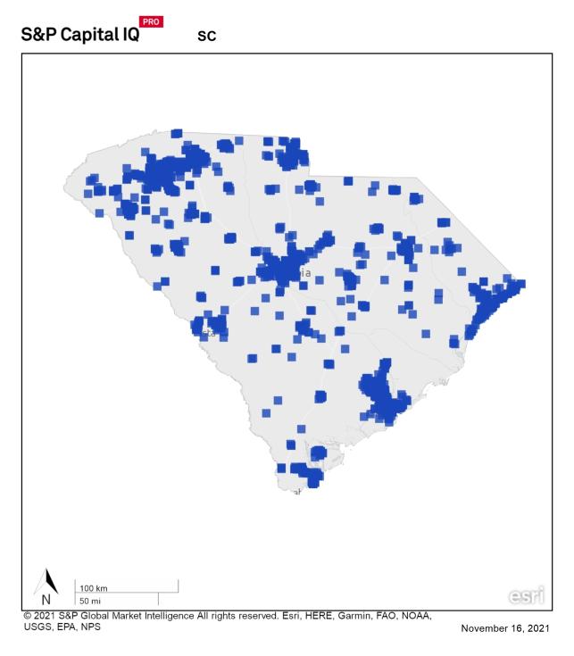 A heat map of south carolina showing a large concentration of REIT properties in entire state