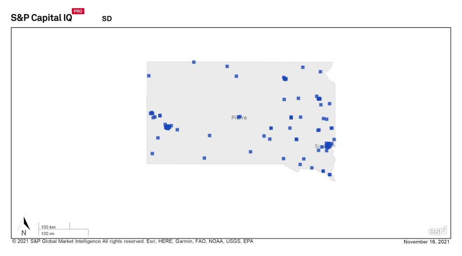 A heat map of south dakota showing a large concentration of REIT properties in eastern part of state