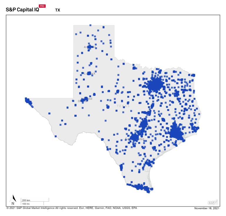 A heat map of texas showing a large concentration of REIT properties in eastern and central part of state