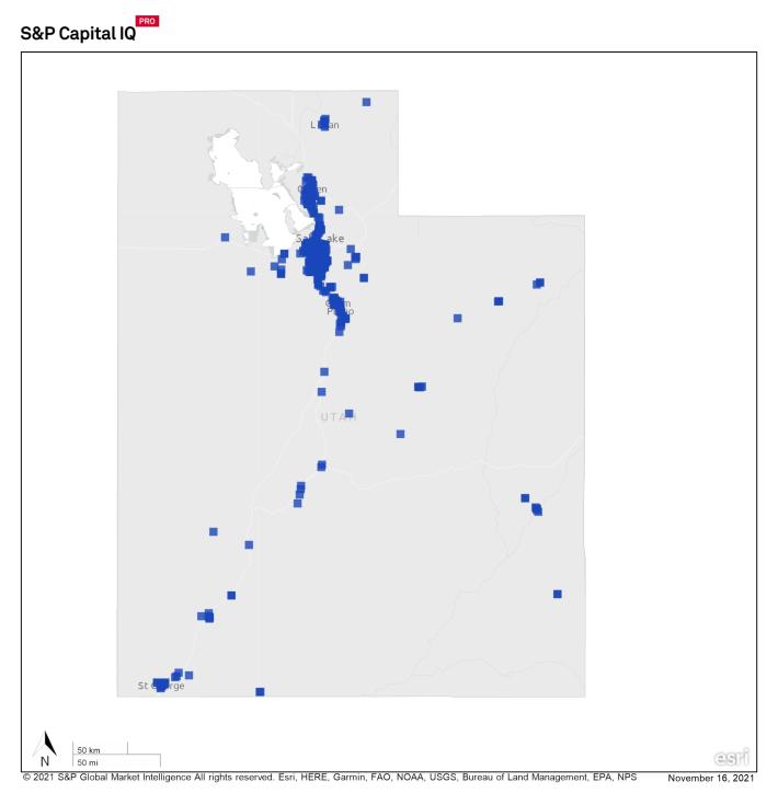 A heat map of utha showing a large concentration of REIT properties in northern part of state