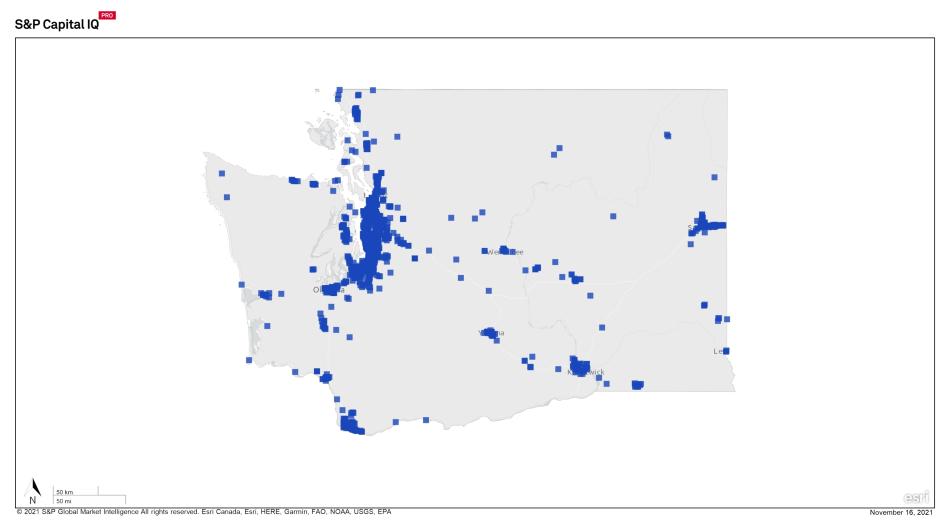 A heat map of the Washington state showing a large concentration of properties in western cities 