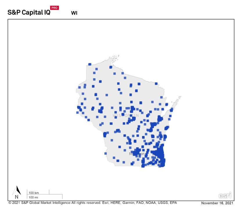 state map of wisconsin showing concentration of REITS in southern cities