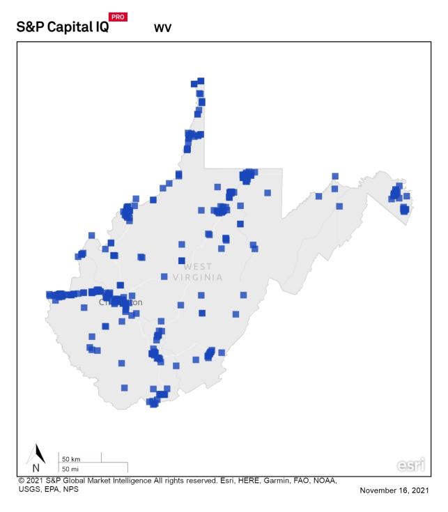 state map of west virginia showing reits in border cities mostly