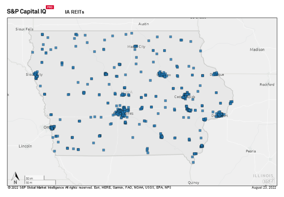 Map of Iowa indicating REITs